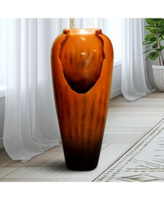 30.7" High Modern Concrete Water Fountain - Indoor/Outdoor Jar-Style Cascading Waterfall with LED Lights for Home, Garden, and Backyard Decor