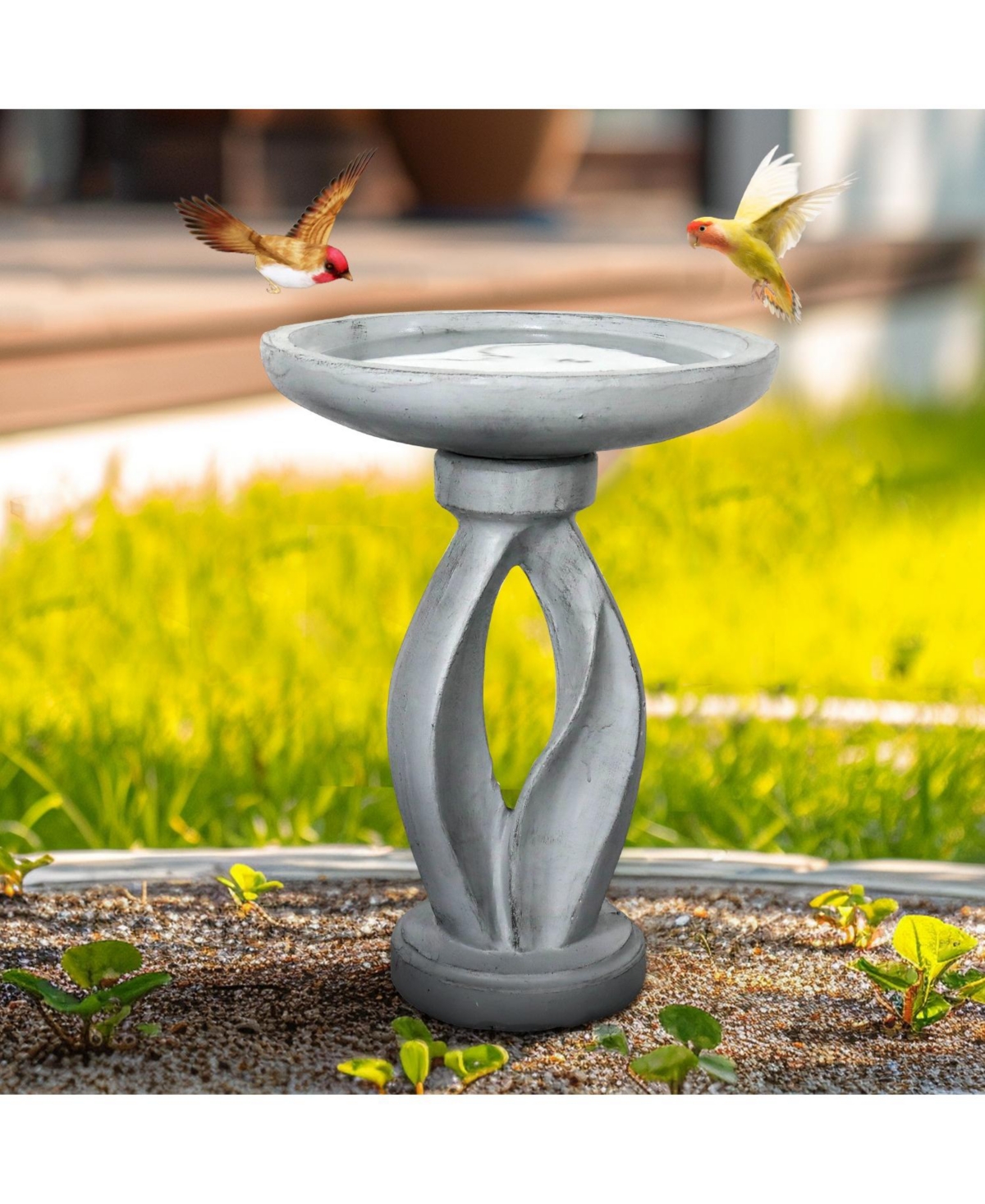 SunJet 21.8" Concrete Bird Bath – Freestanding Outdoor Birdbath & Feeder, Stylish Garden, Patio, Yard, Decor Feeding Bowl