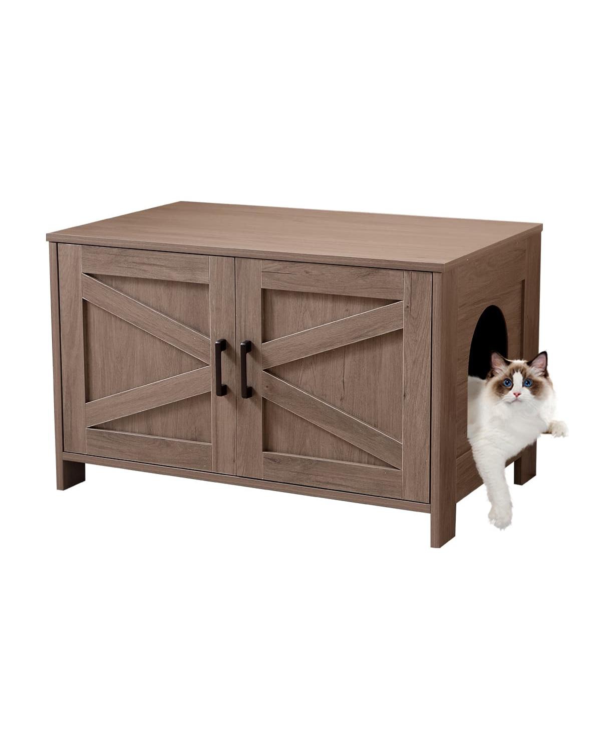 Zeus & Ruta Greige Barn Door Cat Litter Box Enclosure End Table