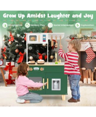 Kid's Play Kitchen with Microwave Stoves Rotation Knobs Ice Dispenser Faucet Sink