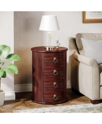 Solid Wood End Table, Round Side Table with 4 Drawers