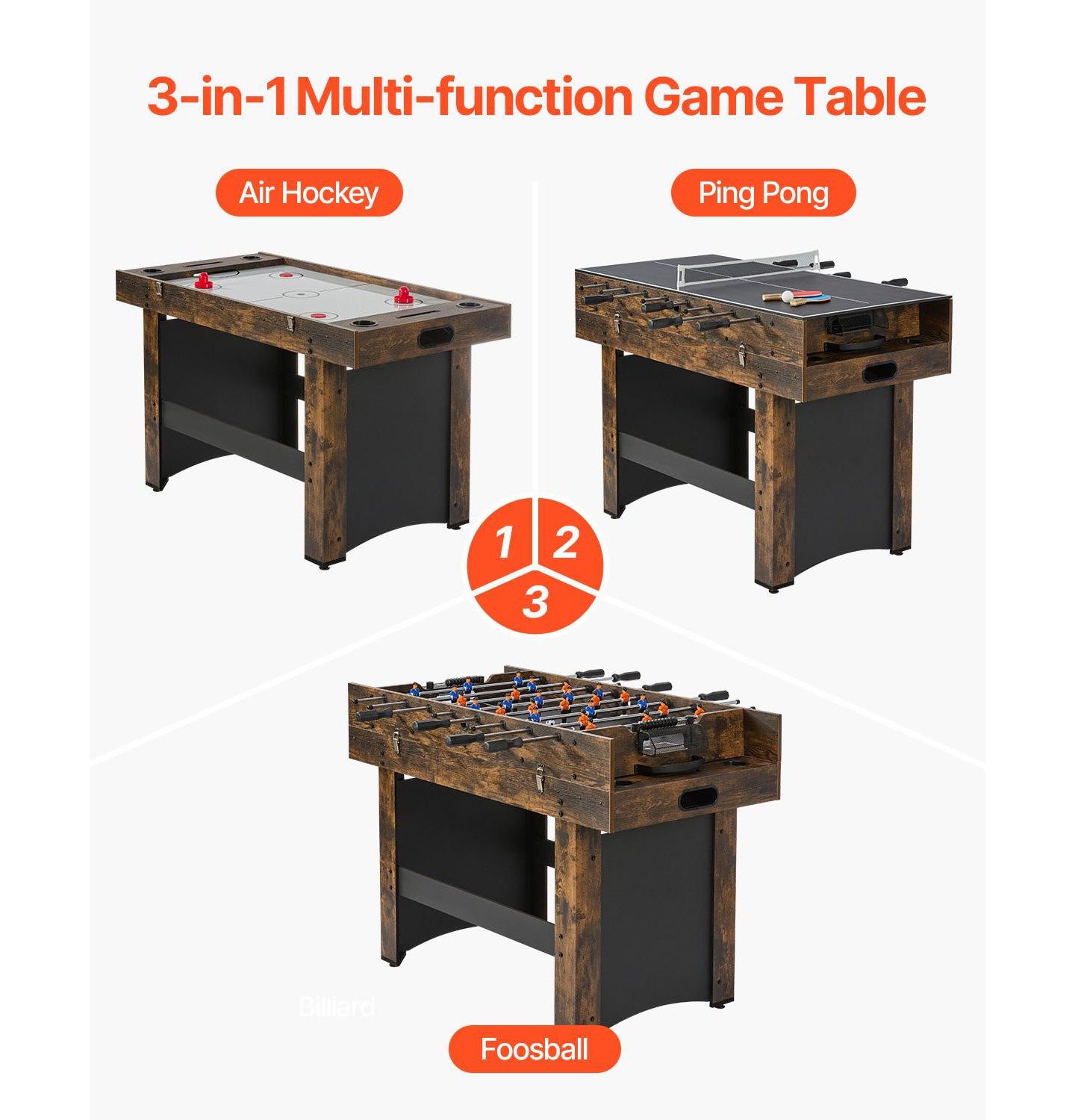 Детская игрушка SUGIFT 3-in-1 Air Hockey, Foosball, and Table Tennis Game Table with Built-in Blower Motor, Ages 5+, цвет: Коричневый — фото 4