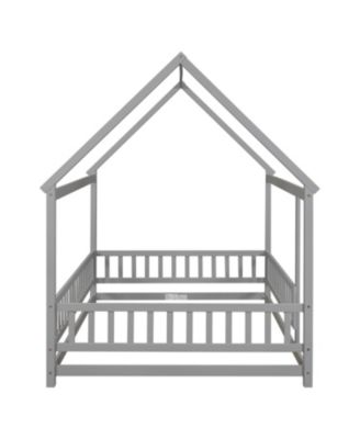 Wooden House Bed with Guardrails (Grey)