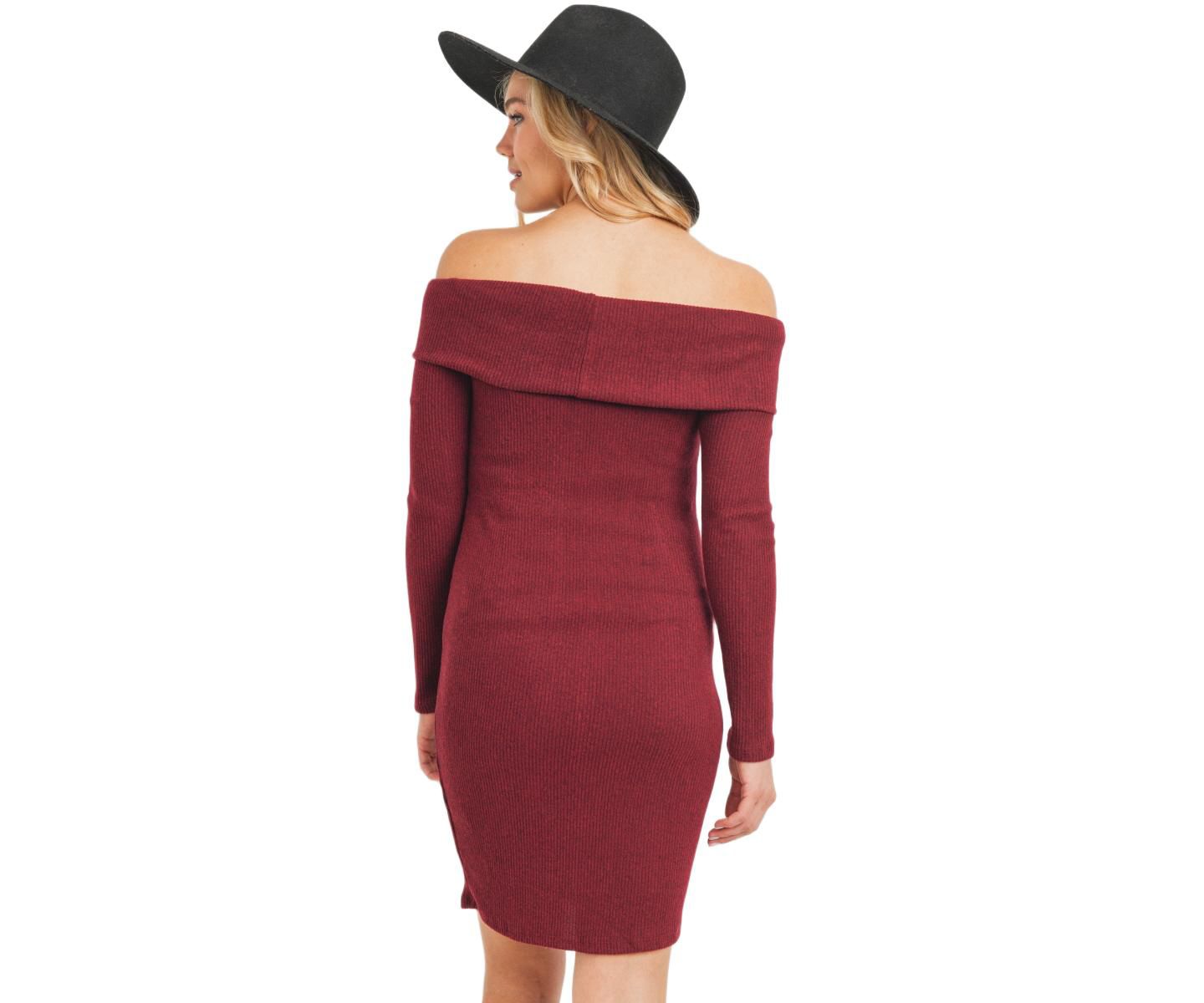 Женское платье Hello Miz Ribbed Off Shoulder Long Sleeve Bodycon, цвет: Бордовый — фото 3
