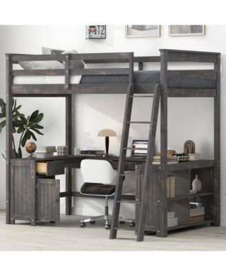 Full Size Loft Bed with U-shaped Desk, Drawers and Storage Shelves