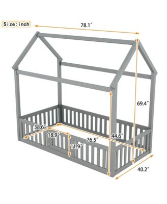 Twin Size Wood House Bed with Fence and Door