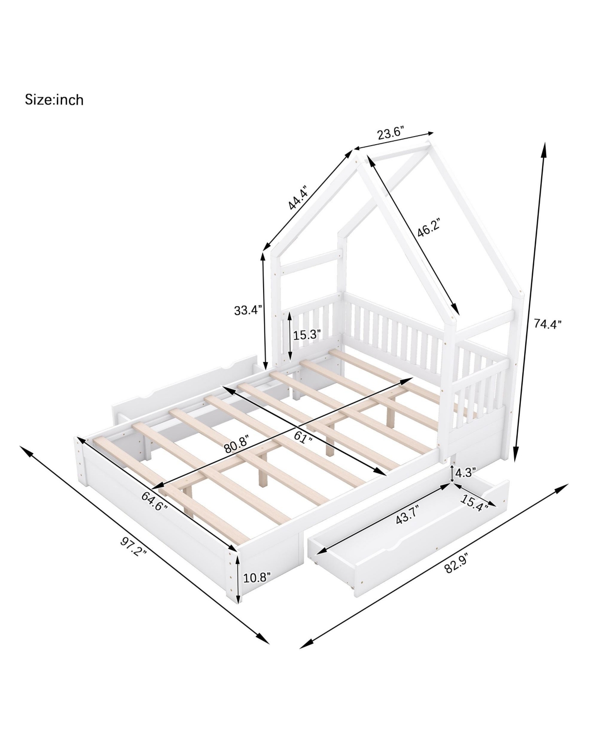 Boyel Living Wood Queen House Platform Bed with Guardrail and 2 Drawers