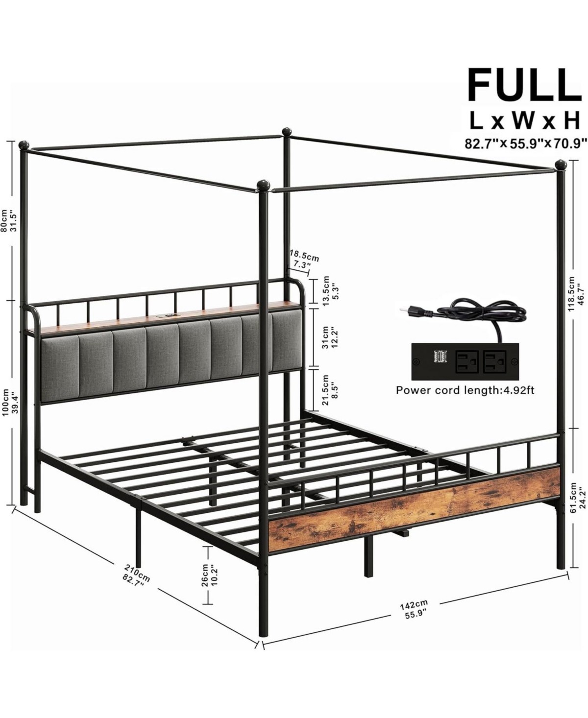 Likimio Canopy Bed Frame Full, Storage Headboard with Charging Station and 4 Removable Sturdy Posts, Noise Free