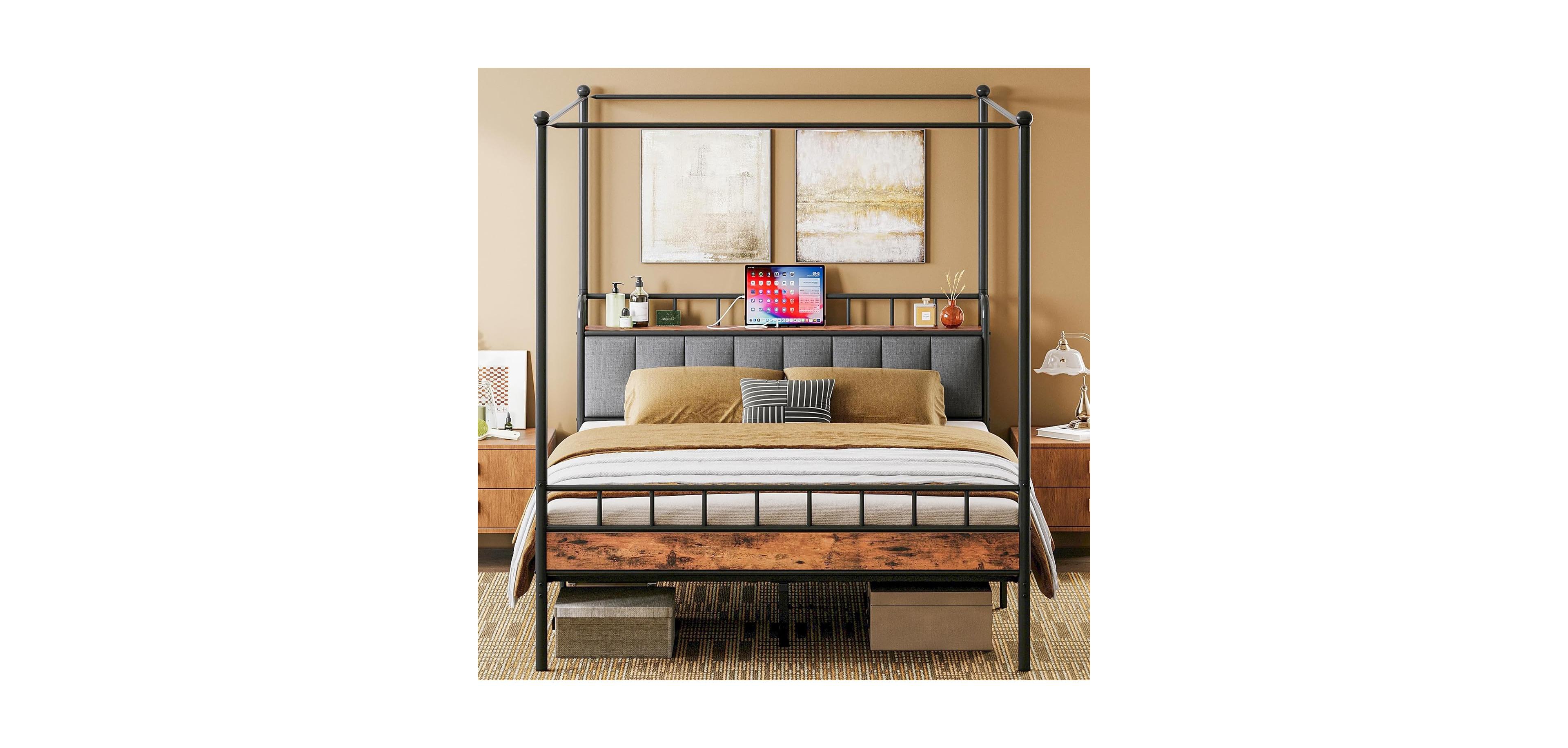 Likimio Canopy Bed Frame Full, Storage Headboard with Charging Station and 4 Removable Sturdy Posts, Noise Free