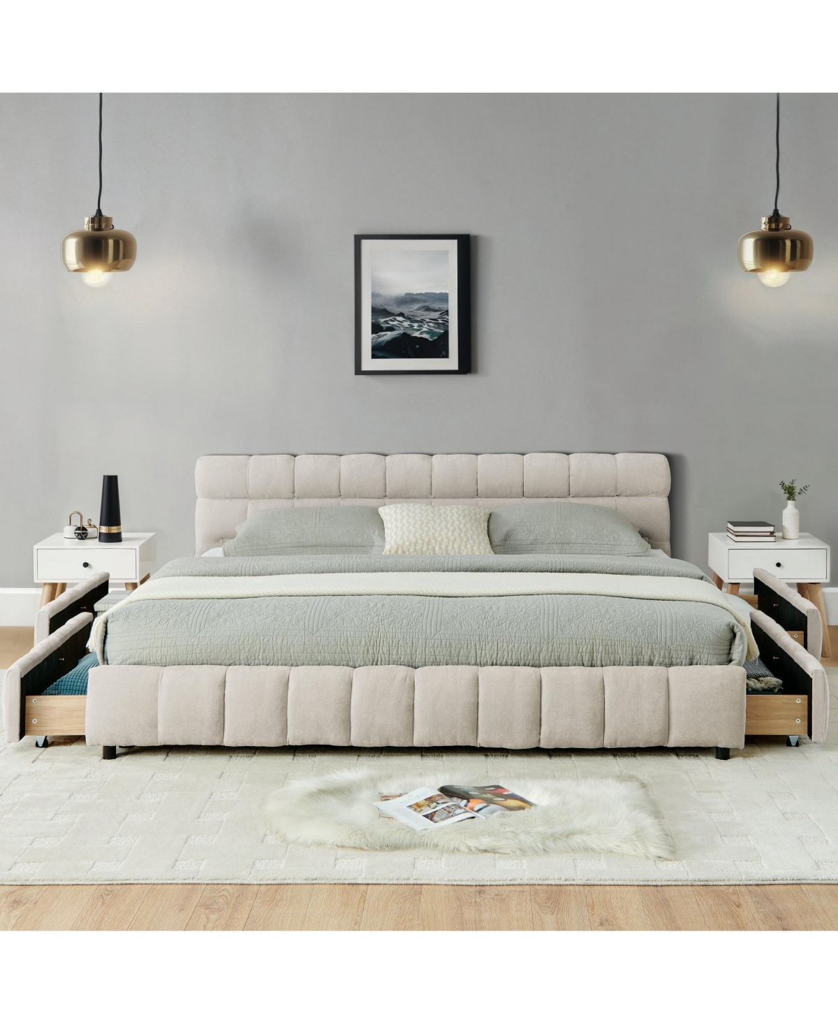 California King Upholstered Platform Bed with Chenille Fabric, Soft Headboard and Storage Drawer