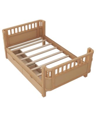 Twin Size Wood Platform Bed for Kids, Low Profile Twin Bed with 2 Wheeled Drawers & Rails