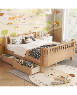 Full Size Wood Platform Bed for Kids, Low Profile Bed with 2 Wheeled Drawers & Rails