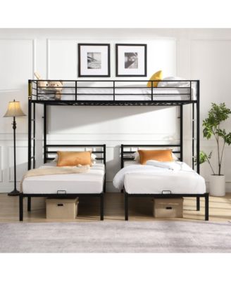 Full Over Twin Over Twin Triple Bunk Bed, Metal Frame Bunk Bed with Vertical Ladder & Safety Rails