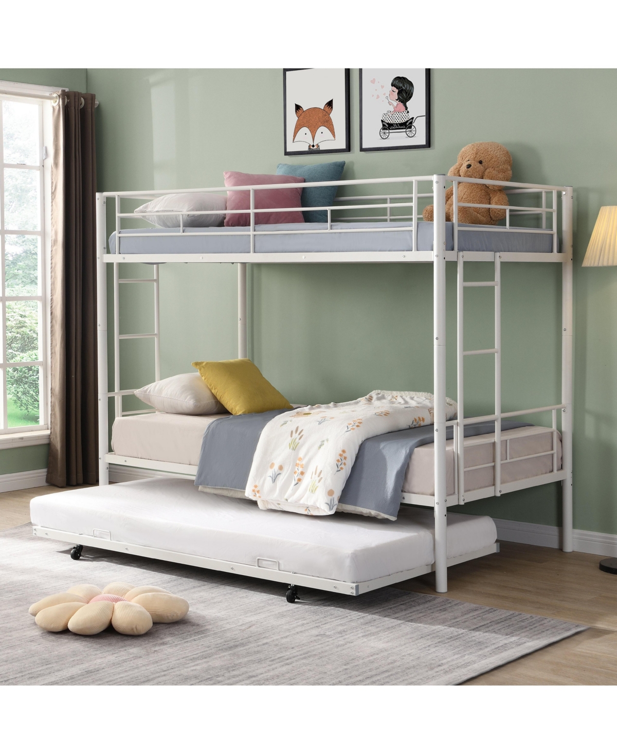 Metal Bunk Bed with Trundle White Twin, No Box Spring Needed, Easy Assemble