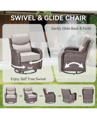 3-Piece Wicker Patio Conversation Set with Crescent Swivel Glider Chairs, Olefin 6-Inch Thick Cushions, and End Table