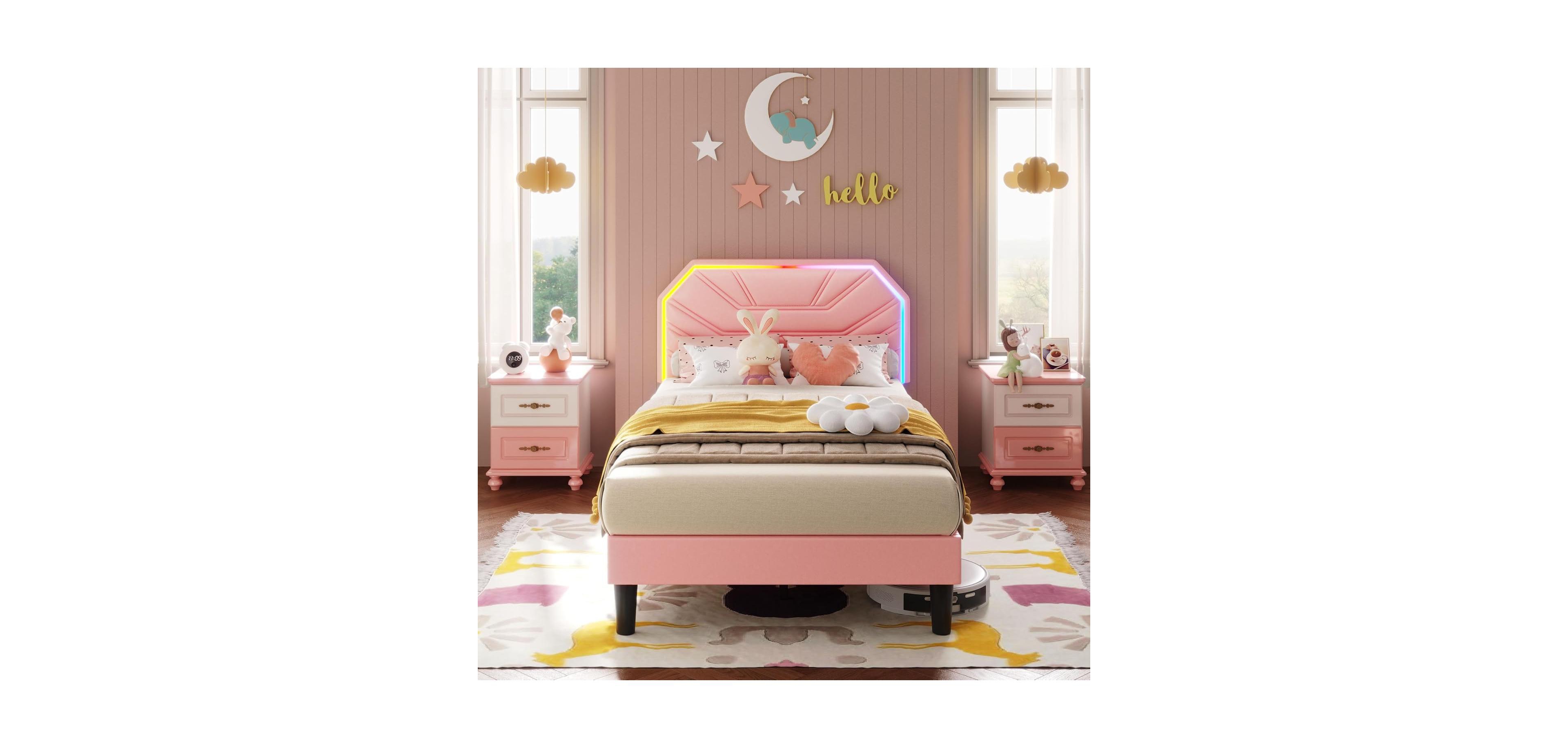 Likimio Twin Bed Frames with Led Light Headboard, Upholstered Modern Cama Twin Platform Bed Frame with Heavy Duty Supports, No Box Spring Need, Pink