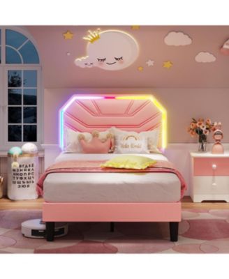Twin XL Bed Frames with LED Light Headboard and Heavy Duty Supports, No Box Spring Need, Noise Free, Easy Assembly, Pink