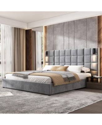 Streamdale King Size Velvet Upholstered Bed Frame with Wall Sconce & USB, Gray