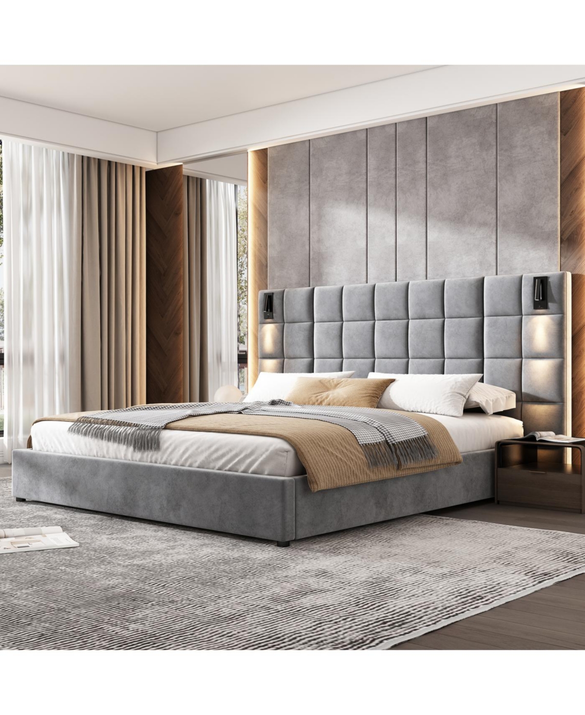 Streamdale Furniture Streamdale King Size Velvet Upholstered Bed Frame with Wall Sconce & Usb, Gray