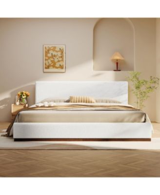 Elegant White Fabric Upholstered King Bed with Solid Wood Base