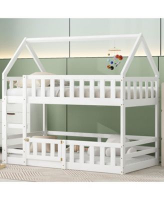 over Twin House Bunk Bed with Fence and Door, White