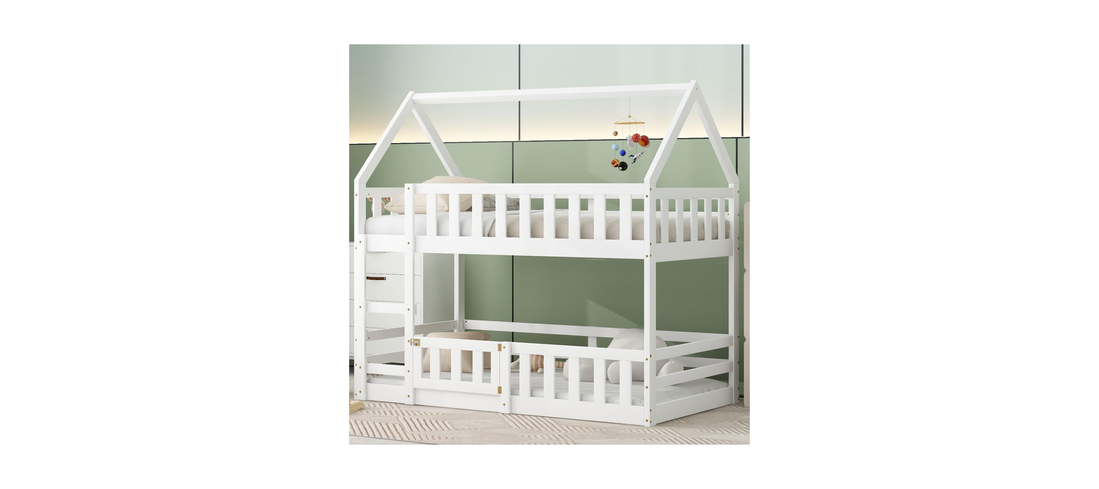Streamdale Twin over Twin House Bunk Bed with Fence and Door, White
