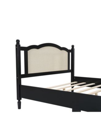 Queen Wooden Bed, Natural Rattan, Vintage