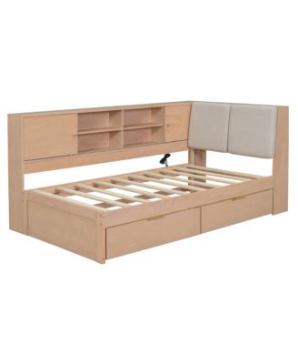 Wooden L-Shaped Daybed with Storage, Bookcase & USB