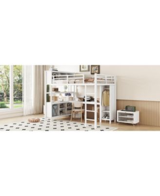 White Metal Loft Bed with Wardrobe, Desk & Storage