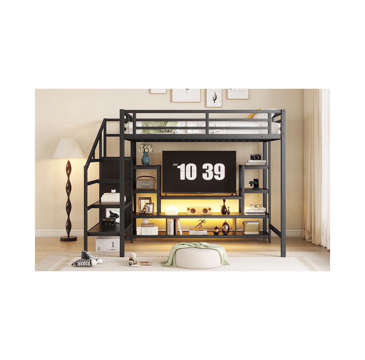 Streamdale Furniture Streamdale Full Size Metal Loft Bed with Stairs & Wardrobe