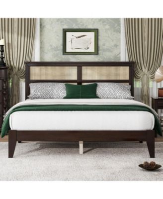 Queen Espresso Wood Bed Rattan Headboard