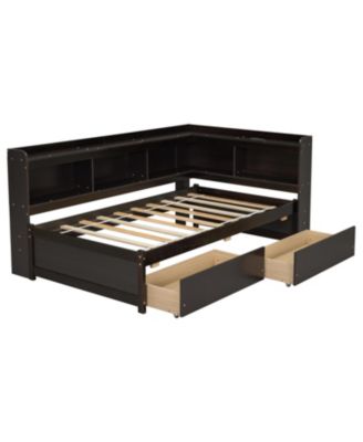 Twin L-Shaped Bookcase Bed w/ Outlets & Drawers - Espresso