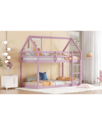 Twin over Twin Rubber Wood Floor Bunk Bed, with ladder,Guardrails,House-Shaped-Bunk Bed