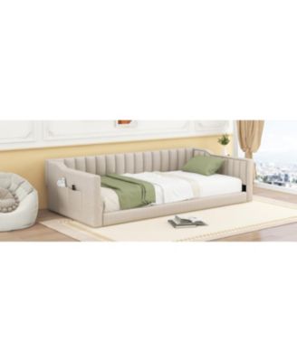  Twin XL Size Upholstery Daybed and Side Storage pocket,Beige