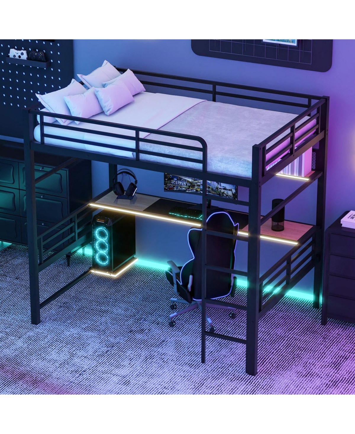 Streamdale Furniture Full Size Metal Loft Bed Frame with Storage Shelf and Led Light,Iron mesh