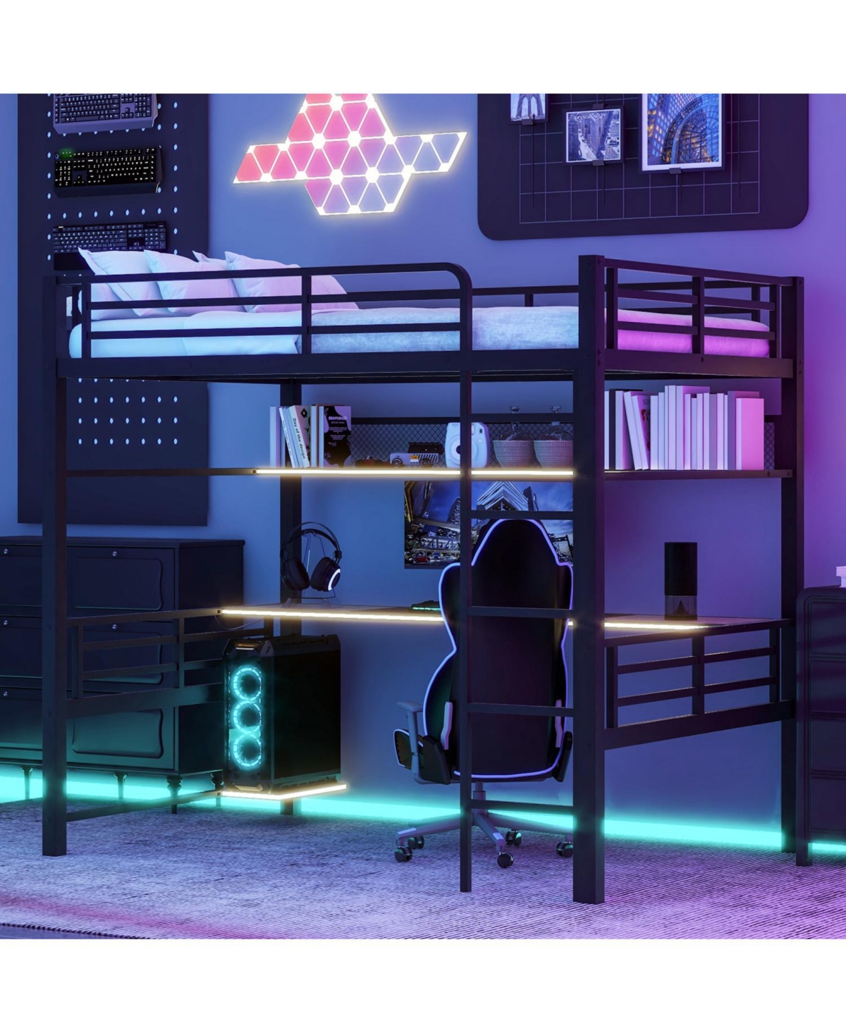 Streamdale Furniture Full Size Metal Loft Bed Frame with Storage Shelf and Led Light,Iron mesh