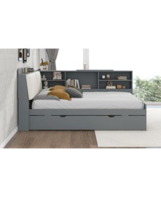 Wood Full Size platform bed with Trundle, Shelves and Storage Headboard