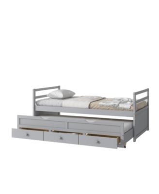 Twin Pine Wood Bed with Headboard, Footboard, Trundle, and Storage