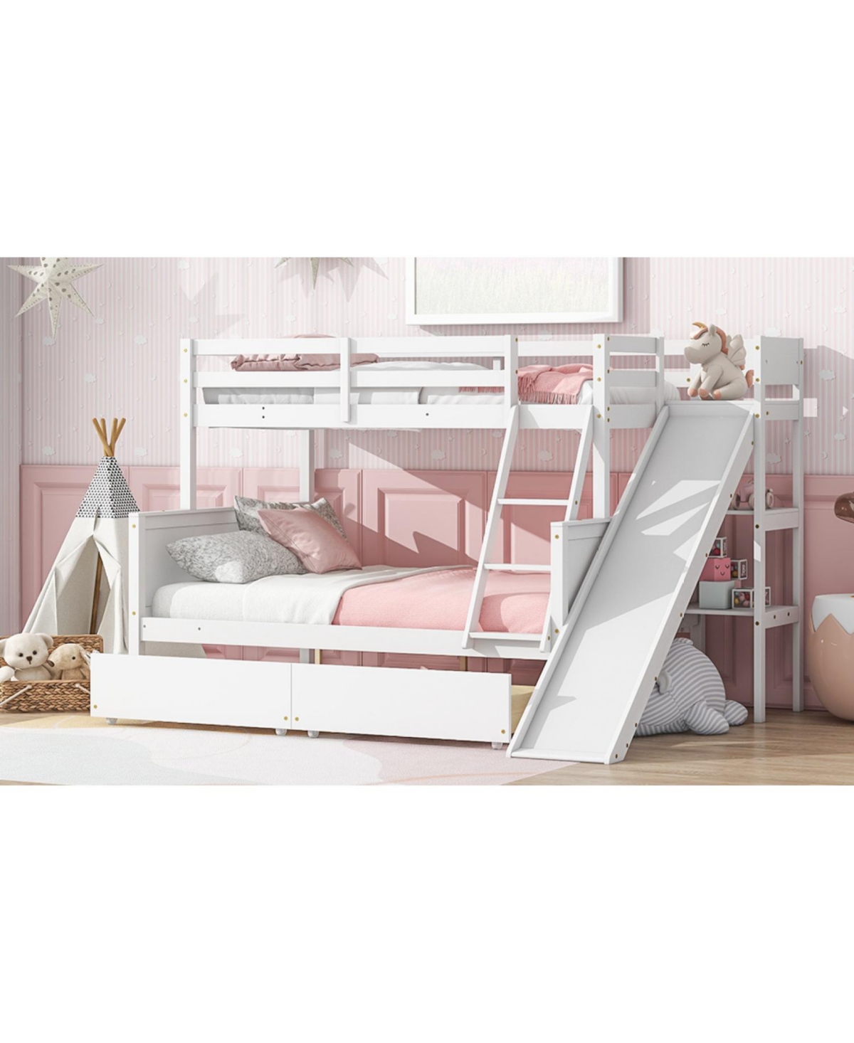 Streamdale Furniture Twin over Full Bunk Bed with 2 Drawers, Slide, Shelves, Ladder, Rubber Wood Bunk Bed with Slide, Drawers