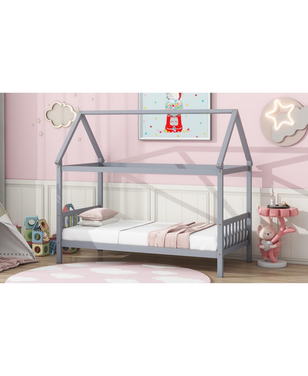 Streamdale Furniture Twin House Bed with Headboard and Footboard, Twin Rubber Wood Bed with House Frame