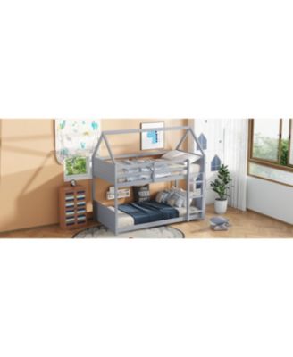 House Bunk Bed with Headboards, Footboards, Ladder, Guardrails