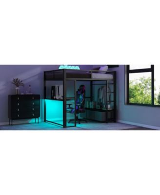 Full Size Metal Gaming Loft Bed with LED, Desk, Open Wardrobe and 3 Linen Storage Drawers