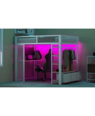 Full Size Metal Gaming Loft Bed with LED, Desk, Open Wardrobe and 3 Linen Storage Drawers