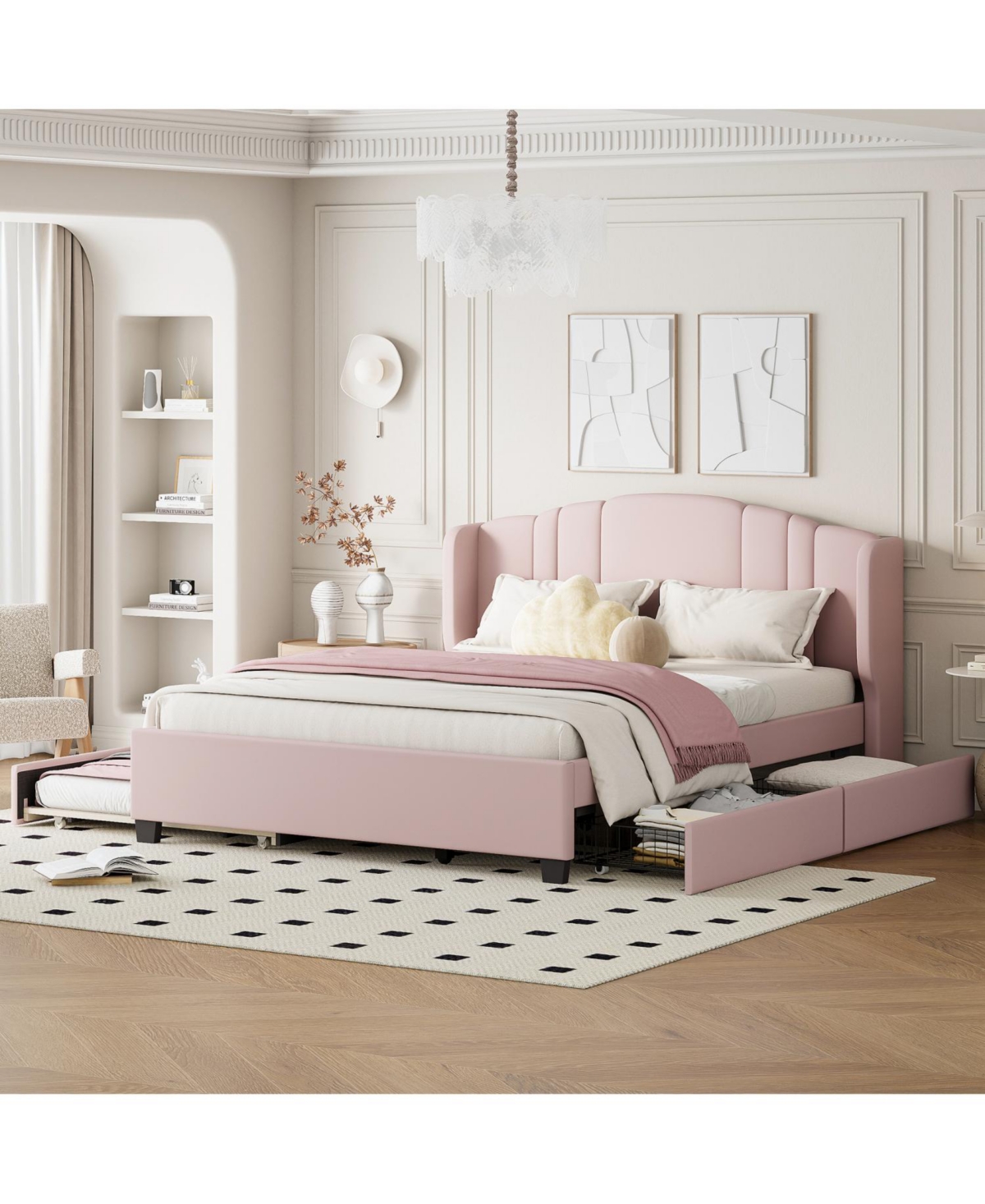 Streamdale Furniture + Queen Upholstered Wingback Headboard, Trundle, Drawers Platform Bed
