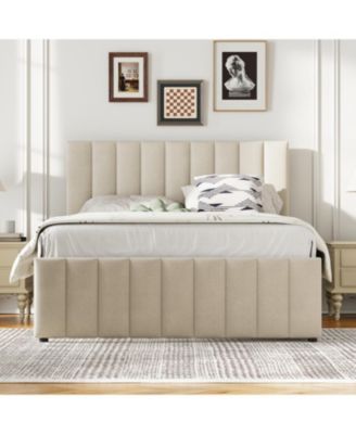  Full Size Upholstered Platform Bed with Twin Size Trundle and 3 Drawers, Linen Fabric, Beige