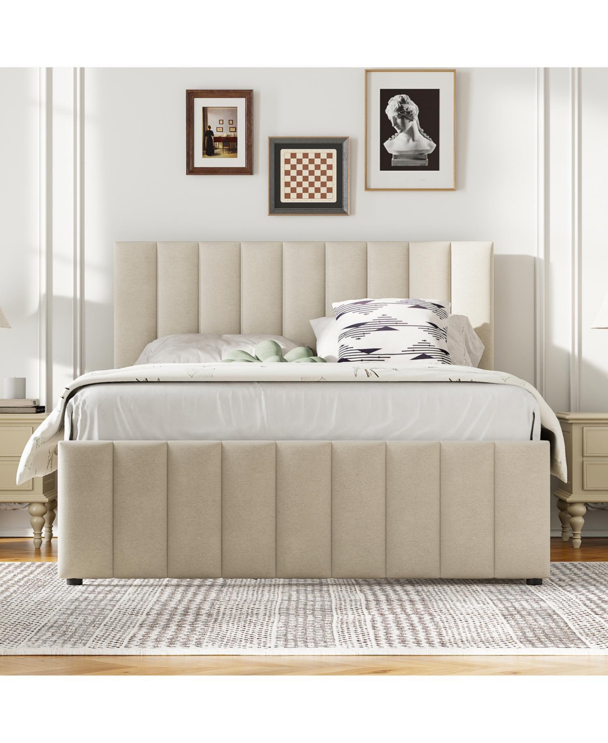Streamdale Furniture Full Size Upholstered Platform Bed with Twin Size Trundle and 3 Drawers, Linen Fabric, Beige