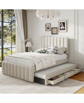 Full Size Upholstered Platform Bed with Twin Size Trundle and 3 Drawers, Linen Fabric, Beige