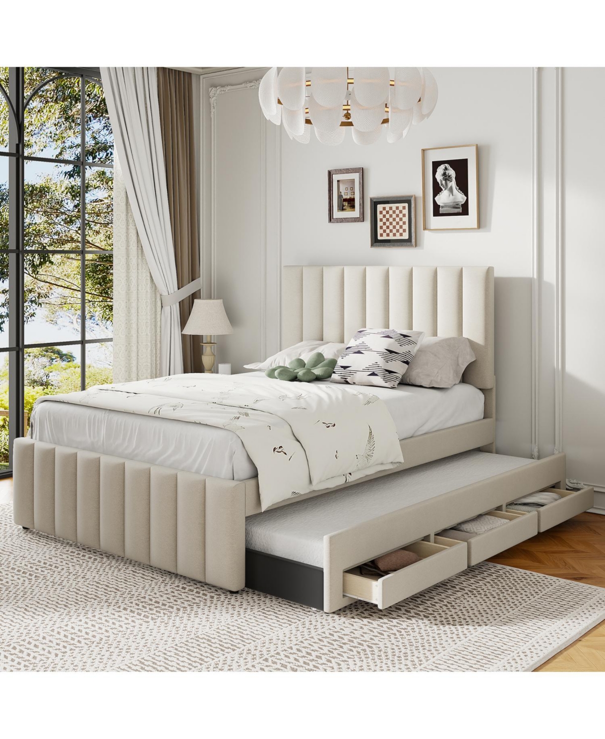 Streamdale Furniture Full Size Upholstered Platform Bed with Twin Size Trundle and 3 Drawers, Linen Fabric, Beige