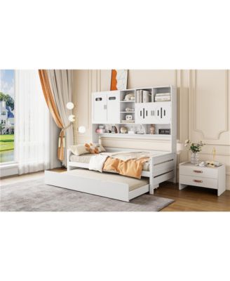 Twin Size Wooden Daybed with Trundle and Storage Cabinet & Shelf