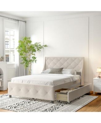 Queen Bed Frame with Storage Headboard, No Noise Metal Platform, Strong Slats Support